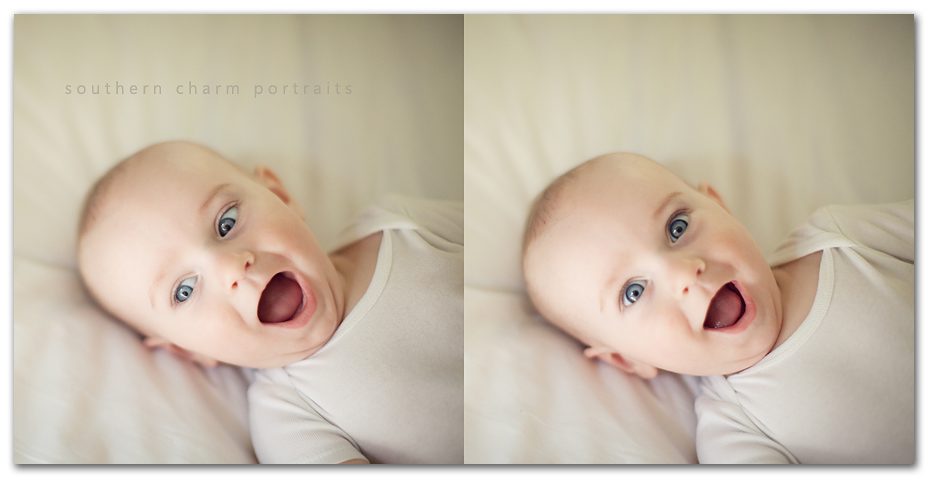 natural light lifestyle photographer in knoxville tennessee sweet blue eyed baby smiling in white onesie
