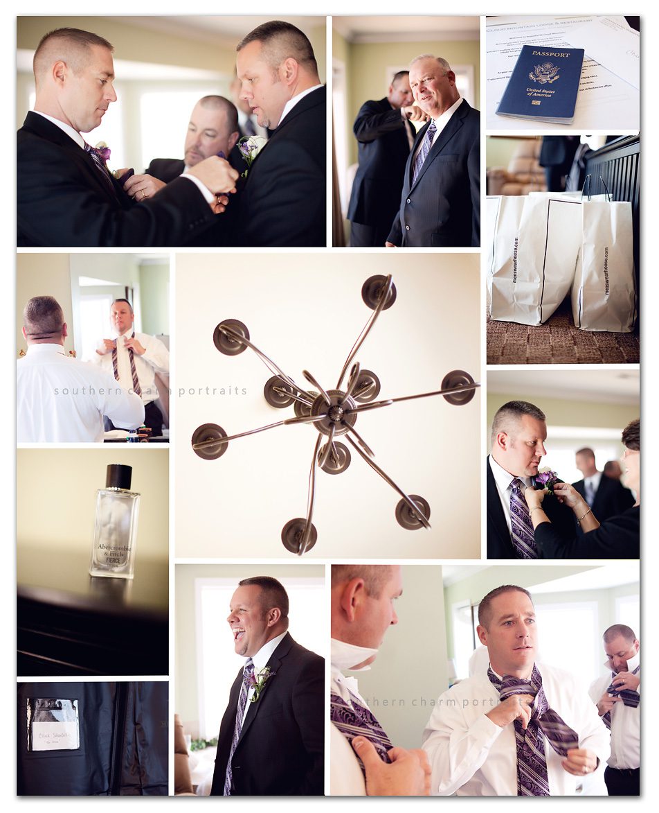 groomsmen getting ready, tying ties, rolling lint, folding hankerchiefs, wedding day excitement and planning