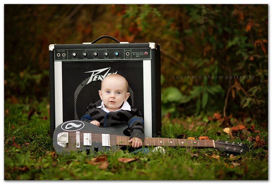 rocker baby with guitar and amp fall afternoon rainy weather clothes from gap sweet blue eyes