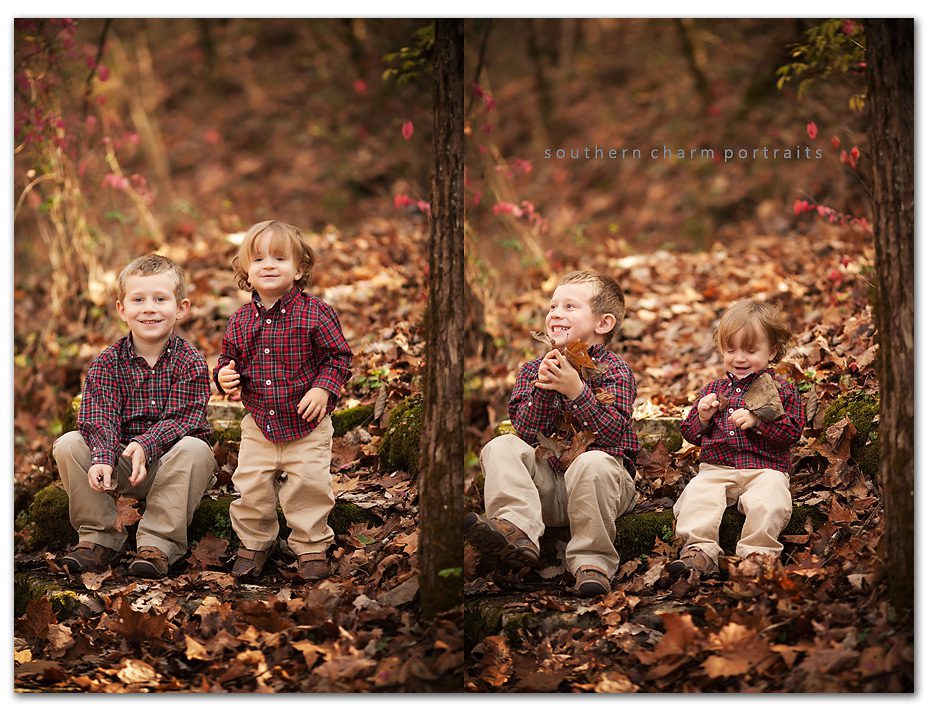 brothers throwing leaves outside and laughing brown leaves