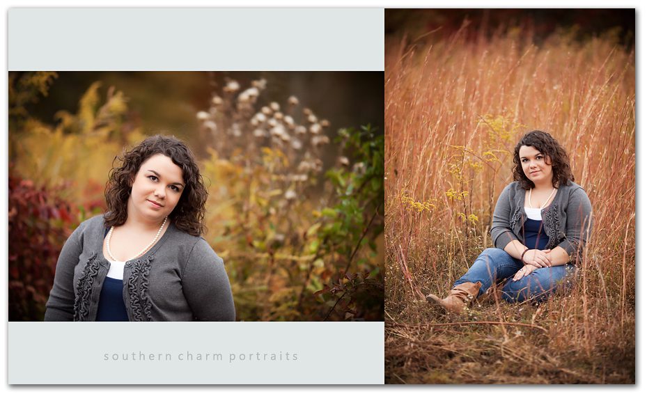 senior portraits with ruffled sweater with pearls and curly hair yellow and red background