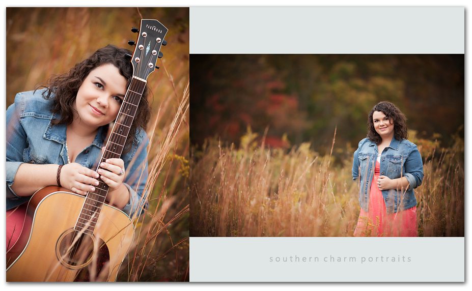 fall tall grass with colored leaves in background girl in field with guitar and denim jacket