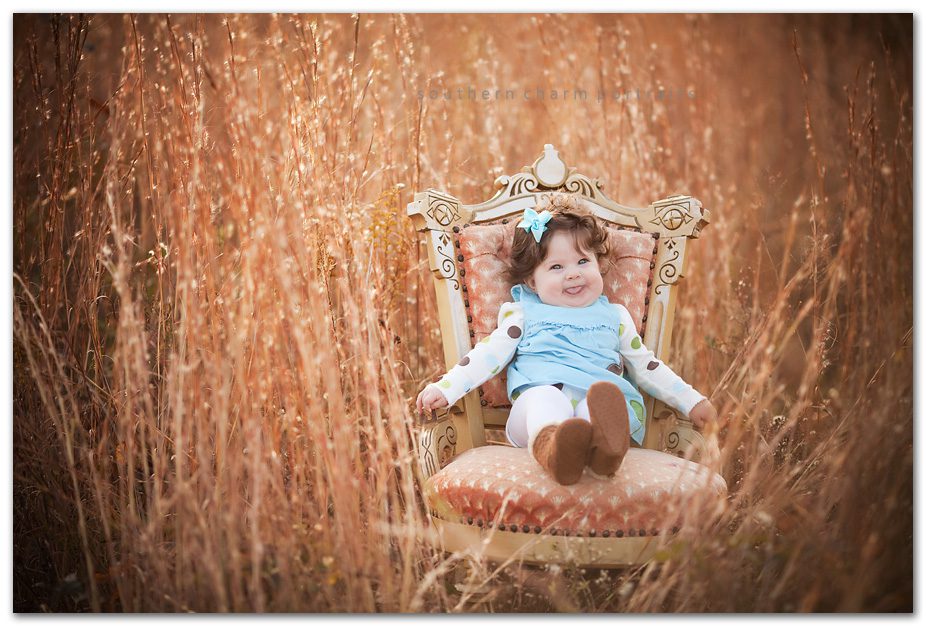 sage grass and antique princess chair with six month old baby girl grinning from ear to ear