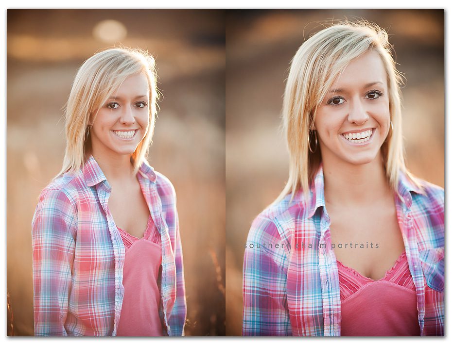 beautiful senior girl with light and pink and blue flannel button up shirt cute hair style