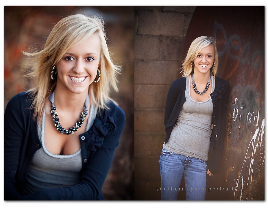 senior portraits in downtown alley with graffitti and big necklace