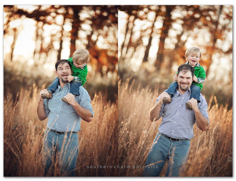 son on dad's shoulders laughing and grabbing ears
