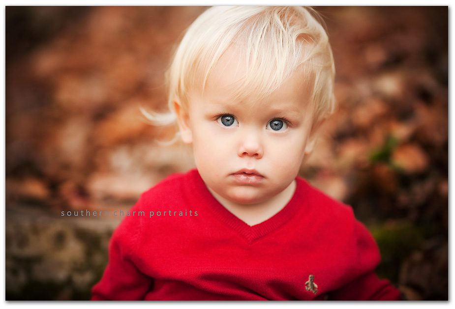 serious emotion from little baby boy in fall/christmas portraits
