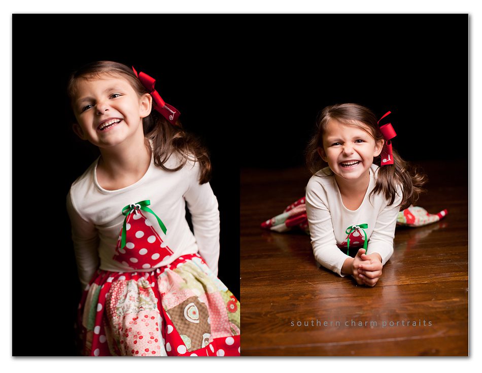 holiday portraits of young girl with red ribbon and black backdrop