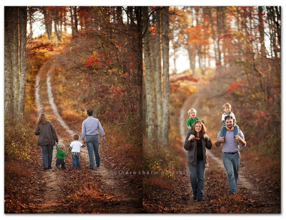 family of four walking together in woods