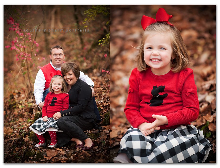 family dressed in red and black for holiday portraits