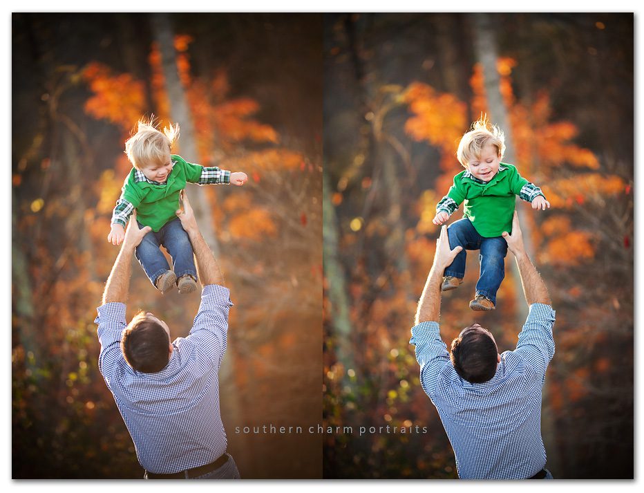 father throwing son into air