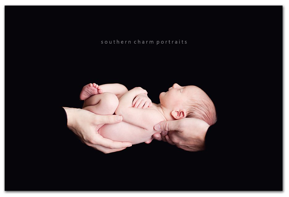baby held in mother and father's hand in studio with black background
