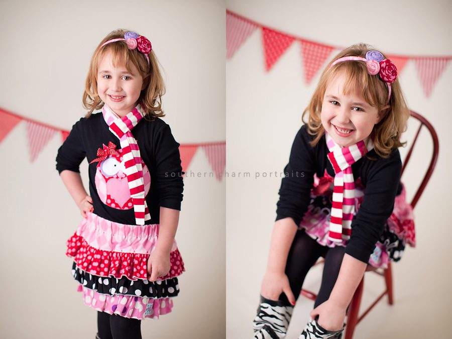 little girl in her valentine's day polkadaisies outfit in portrait studio