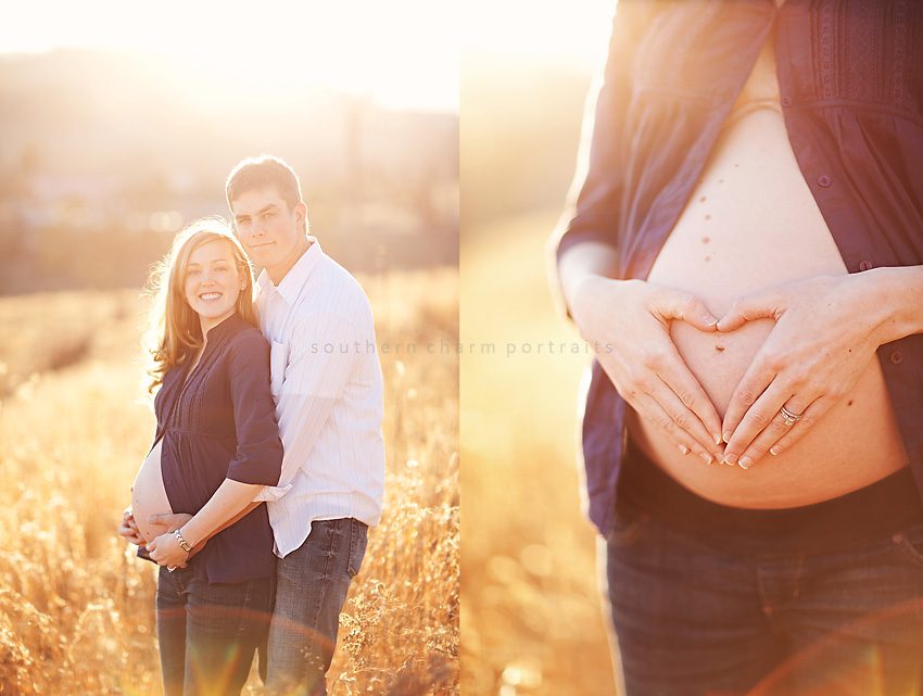 maternity session in field with sunlight husband and wife