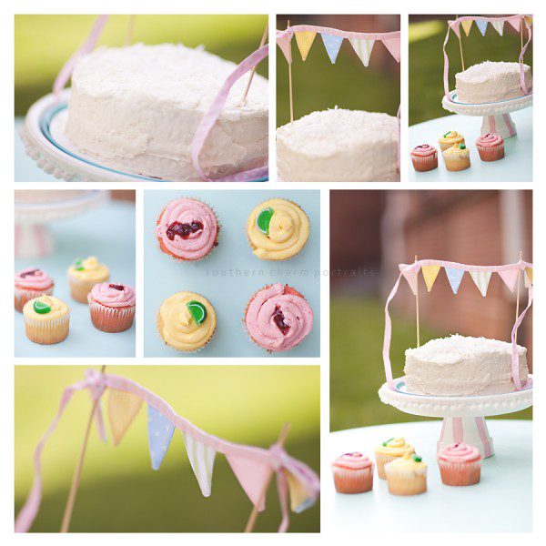 coconut cake with pennant banner and four coordinating cupcakes