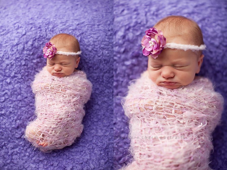 artistic photography baby in wrap with headband purple tones