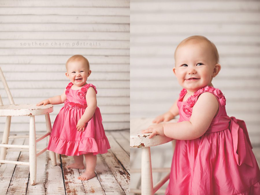 little girl visits portrait studio in old school building and smiles for pictures