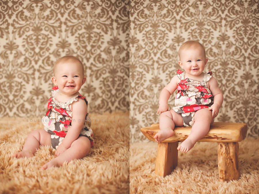 little girl sitting on stool with brown damask backgrounds
