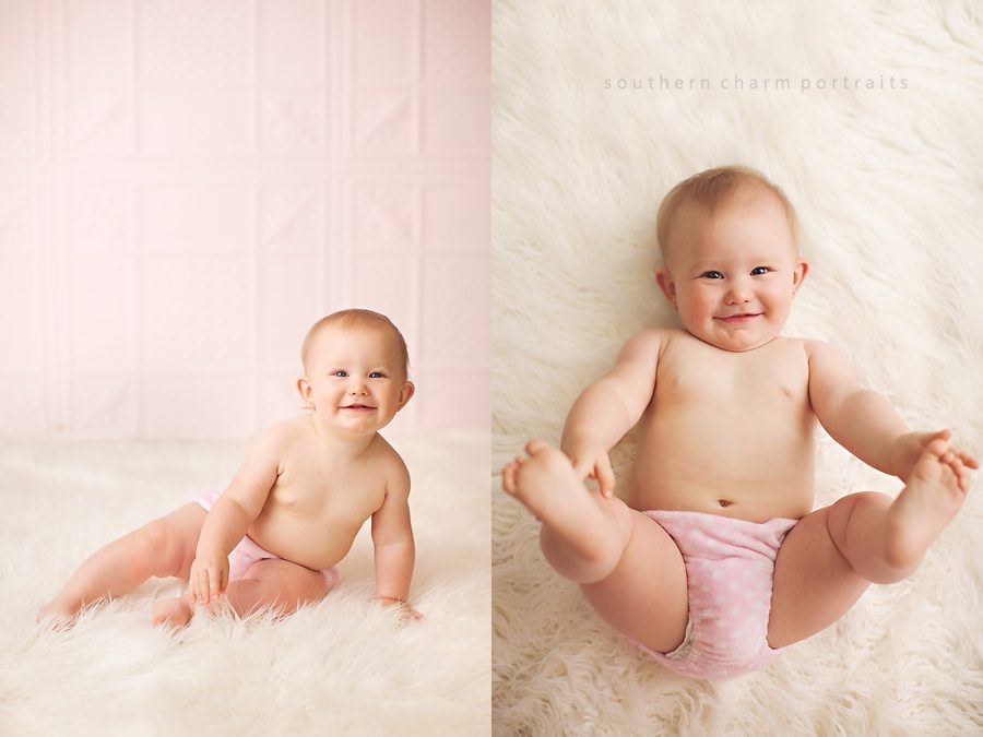baby girl in polkadaisies bloomers smiling for portrait session