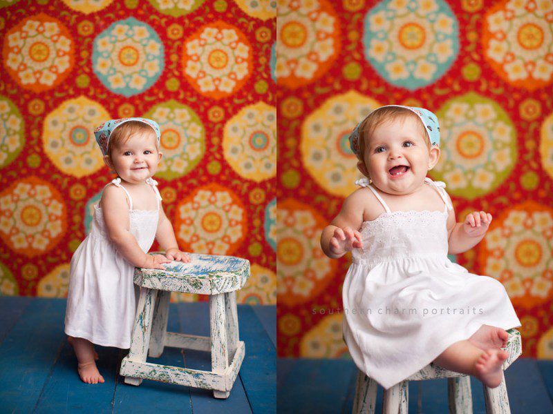 baby girl with doo rag standing at stool in lafollette, tn photography studio